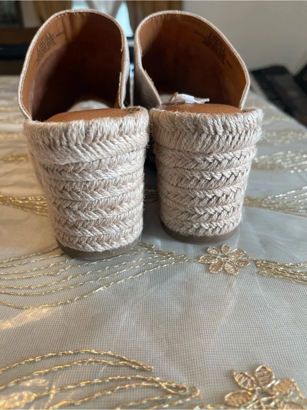 Lucky Brand Cream Textured Espadrille Wedge Slides genuine leather bone 8.5